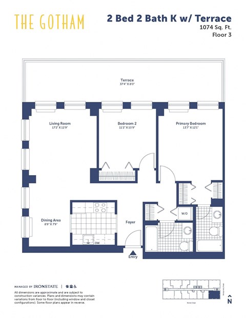 Floor plan for 2 beds, 2 baths, 1074 sqft